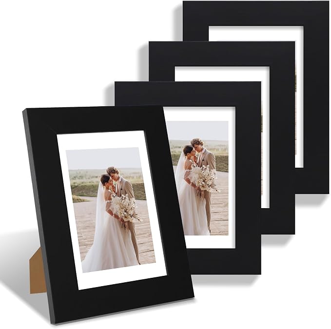 Hongkee 4x6 Picture Frame Set of 4, Made of Real Glass and Black Wooden Frame, 4 by 6 Photo for Wall or Tabletop - Display Picture 3.5x5 with Mat or 4x6 Without Mat