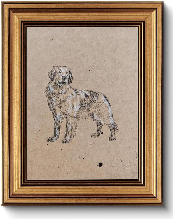ZLPLLHA Gold Framed Wall Art Vintage Wall Decor Golden Retriever Canvas Art Dog Pet Pictures Portrait Paintings Sketch Artwork Antique Animal Prints For Bedroom Living Room