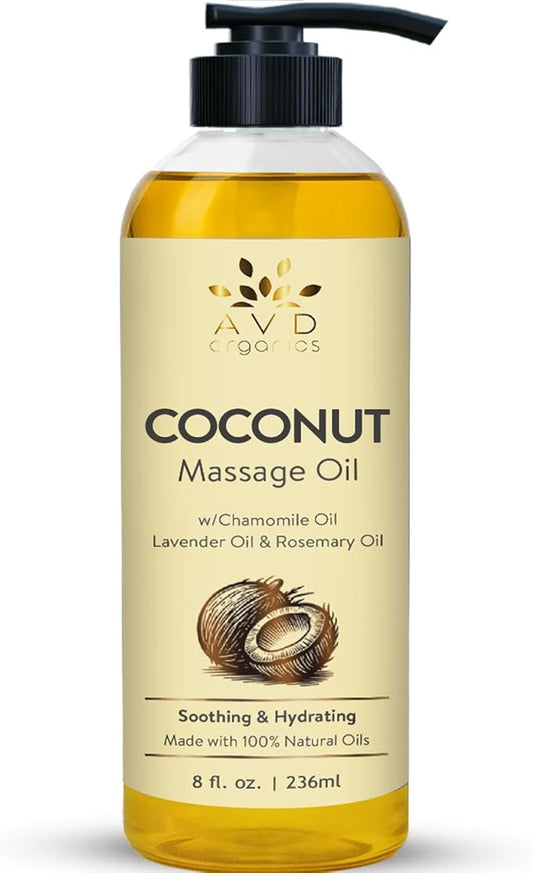 AVD Organics Coconut Massage Oil 236 ml |Infused with Chamomile Lavender and Rosemary | Cold Pressed Oil for Aromatherapy | Skin Nourishment Body | Ideal for DIY | 8 fl.oz