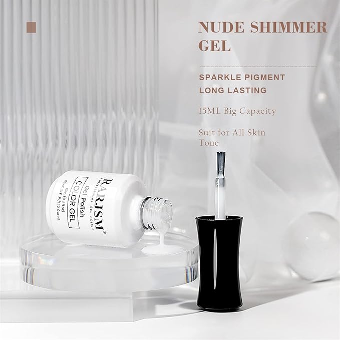 RARJSM Milky White Gel Nail Polish with Glitter Gold Shimmer Pigment Jelly Cream White Nude Gel Polish Neutral Color 15ml Sparkle Natural Color Soak off UV LED Cured for Home Salon DIY Nail Art