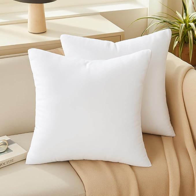 Oubonun 16 x 16 Throw Pillow Inserts | Soft, Plush & Decorative Down Alternative Pillows for Couch Sofa Bed, Machine Washable - White, Pack of 2