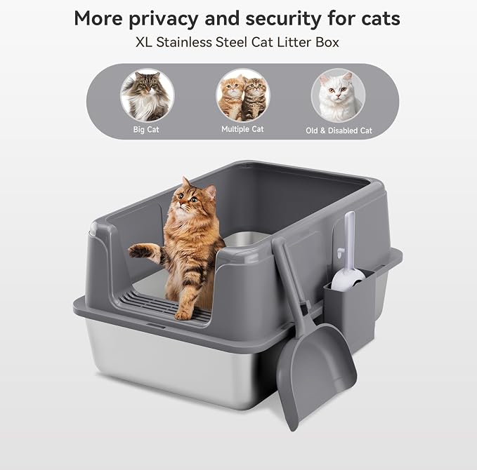 High-Sided Stainless Steel XL Cat Litter Box for Cats