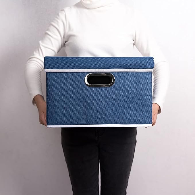 Foldable Storage Bin with Lid [5-Pack] Linen Fabric Decorative Storage Box Organizer Container Basket Cube with Handles Divider for Closet Office Living Room Royal Blue(14.9x9.8x9.8)