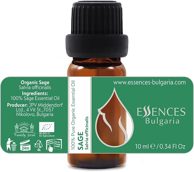 Essences Bulgaria Organic Sage Essential Oil 1/3 Fl Oz | 10ml | Salvia officinalis | 100% Pure and Natural | Undiluted | Therapeutic Grade | Family Owned Farm | Steam-Distilled | Non-GMO | Vegan