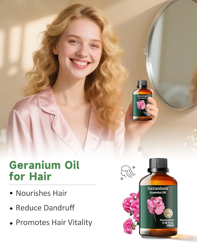 Geranium Essential Oil, Floral Scent, Outdoor & Skin Care, 3.38 Fl Oz | Mumianhua Rose Geranium Oil, Steam-Distilled. Sweet, Rose-Like Aroma. For Garden Spray, Diffuser, Skin, Hair & DIY