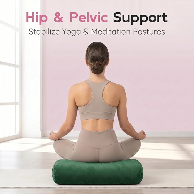 Yoga Bolster Pillow, Curved Wedge for Deep Stretch & Prenatal Support, 25"×12"×5", Sponge Bead-Cotton Filling, Velvet Cover with Zipper & Handle for Yoga, Meditation & Pilates (Green)