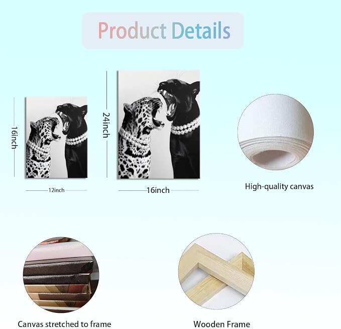 Bathroom Fashion Leopard Print Black and White Canvas Wall Art Trendy Women Posters Paintings Luxury Feminist Pictures Wall Decor for Bedroom Living Room Hallway Home Decoration 12×16 In Framed
