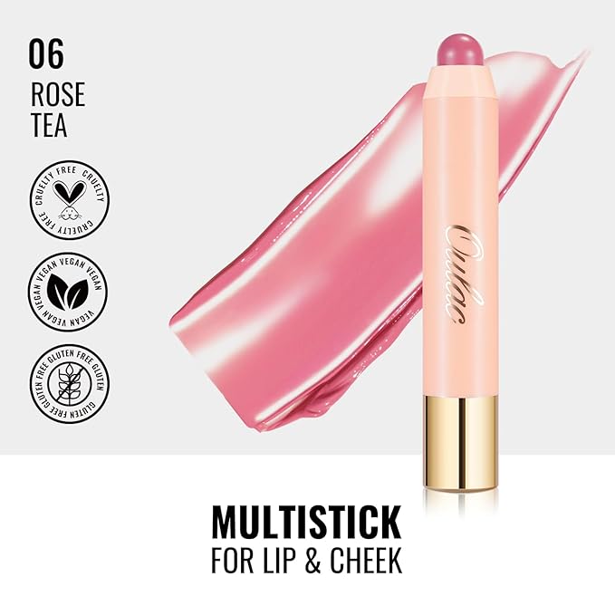 Oulac Pinky Rose Lipstick - Lipstain and Blush Duo, Tinted Lip Balm, Moisturising and Nourishing, Glossy Finish, Vegan, Rose Tea(06)
