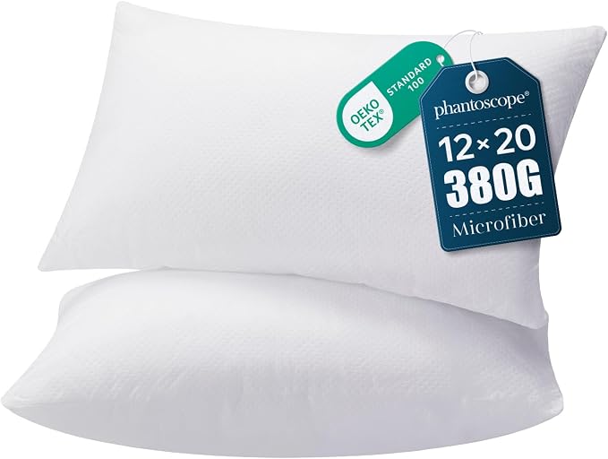 Phantoscope 12x20 Pillow Inserts, Throw Pillow Inserts for Couch, Pack of 2 | 100% Virgin Fiber Hypoallergenic Lumbar Pillow Soft Throw Pillow Inserts, Lightweight Throw Pillows for Couch Bed Pillows