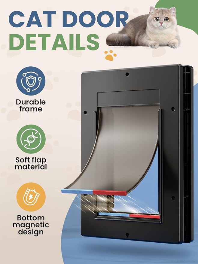 Cat Door with Soft Magnetic Flap, Pets Up to 20 lb, Black | Sliding Lock Panel, Soft Magnetic Flap, Adjustable Tunnel, Save energy, Easy DIY Installation Exterior Cat Doors