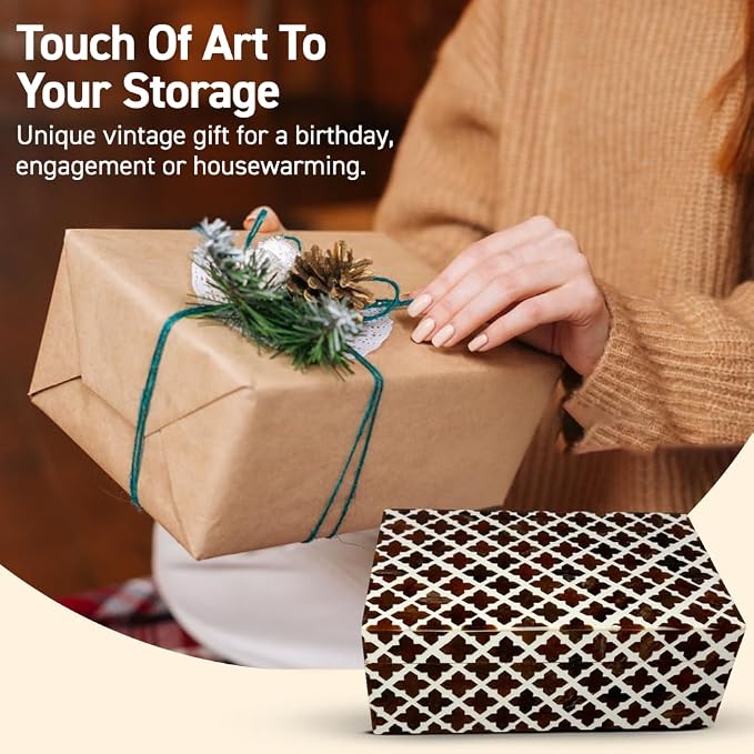 Perilla Home ﻿Home Decor Decorative Storage Wooden Box Small Wooden Organizer Tool Stash Card Craft Trinket Memory Keepsake Jewelry Box for Men and Women, Clover, Gifts For All, Dark Brown & Off White