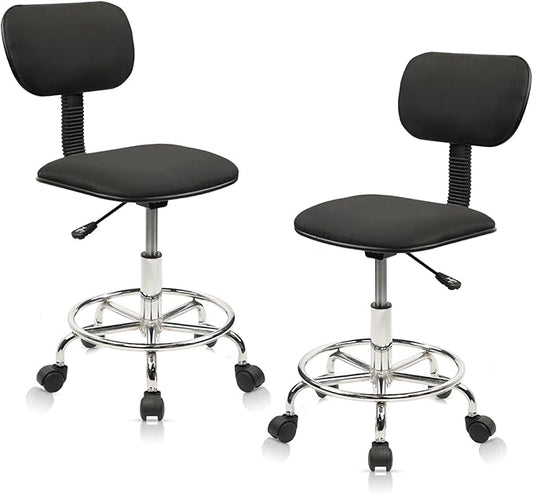 Low Wide Rolling Swivel Stool with Backrest, Adjustable Height Salon Chair Stools with Footrest for Spa Tattoo Office Desk Massage Task Lash Barber Facial, Black 2PK