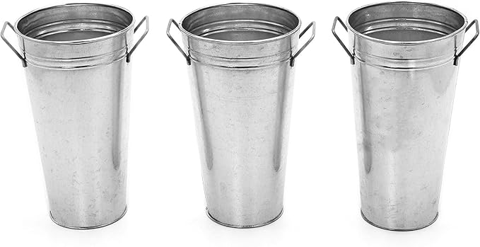 Hosley Set of 3 Galvanized French Bucket Vase with Handles 5" W x 9" H Ideal for Farmhouse Dried Floral Arrangements at Home for Weddings Gifts Spa and Aromatherapy Settings O5