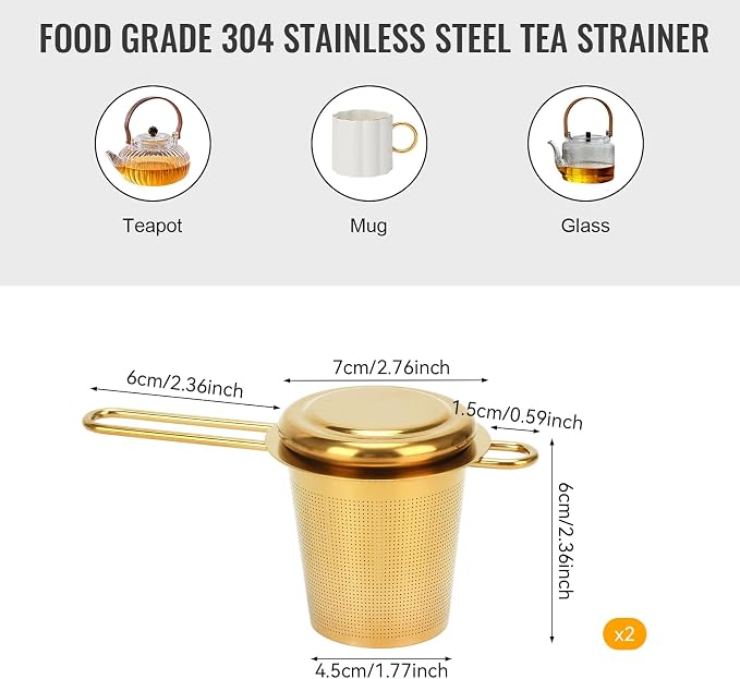 2pcs Tea Diffuser, Stainless Steel Tea Strainer Fine Mesh Tea Infuser with Double Long Handles Loose Leaf Tea Steeper for Mugs Cups Teapots (Gold)