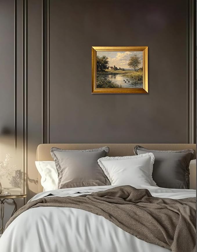 Framed Vintage River Landscape Oil Painting With Ducks Cottage Core Wall Art Country Landscape Canvas Print Artworks for Living Room Bedroom Bathroom Decor