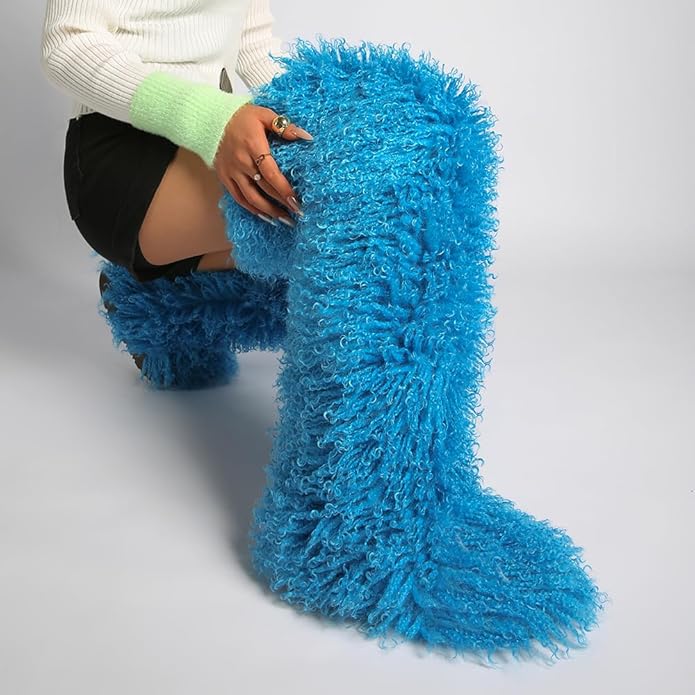 SWEETHEART BEAUTY Thigh High Shagy Teddy Fur Boots, 29 Inch Over the Knee Length Fluffy High Boots, Tall Furry Shoes For Women
