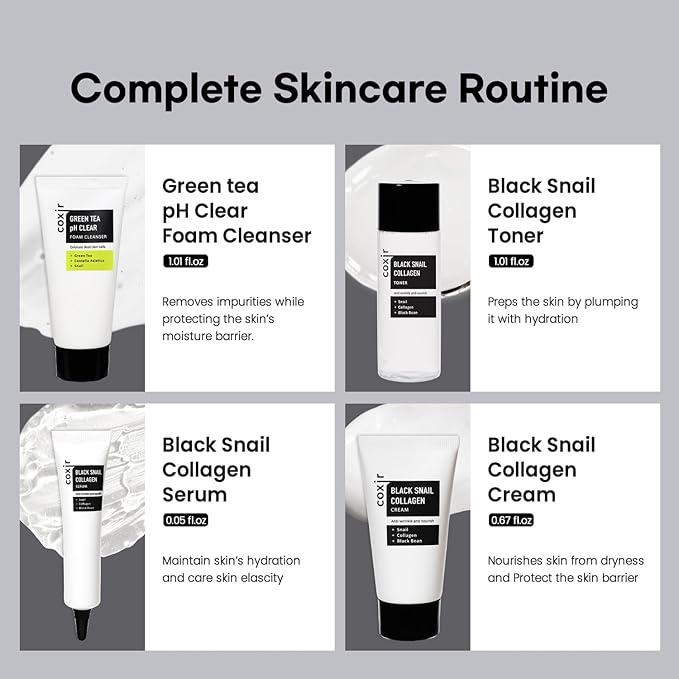 coxir Black Snail Collagen Starter Kit – Cleanser, Toner, Serum & Cream | Repairing Snail Mucin Skincare Set, Hydrating Korean Beauty Routine for Women (4-Piece)