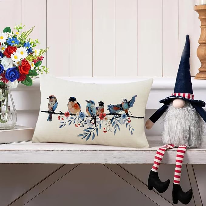 RABUSOFA 4th of July Memorial Day Patriotic Lumbar Throw Pillow Cover,12x20 Inch Red White and Blue Birds Flowers Independence Day American Fourth of July Decoration for Sofa Couch