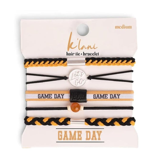 K'lani Game Day Hair Tie Bracelets – 5-Pack Stretchy No-Crease Hair Ties & Stylish Bracelets – Team Color Accessory for Hair or Wrist - Black & Gold, Medium