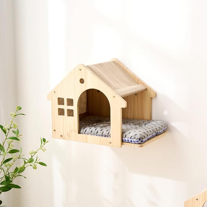 SHENGOCASE Natural Wood Cat Wall Shelves Bed, 2-Pack, Wall-Mounted Box Condo House Perch, Cat Condo Furniture with Washable Pillow Cushions