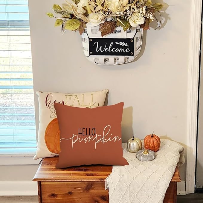 RABUSOFA Fall Pillow Covers 18x18 Inch,Rust Autumn Hello Pumpkin Pillows Decorative Throw Pillows,Outdoor Thanksgiving Cushion Cover Farmhosue Fall Decor for Bedroom Couch Sofa Rust