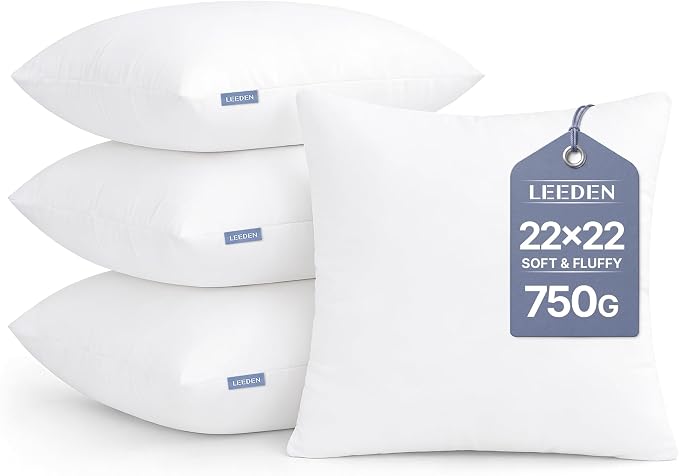 Leeden 22x22 Pillow Inserts Pack of 4, 22 Inch Throw Pillow Inserts, Soft Fluffy Decorative Square Pillow Inserts for Couch, Sofa, Bed, and Home Decor White Pillows