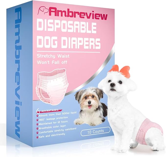 Ambreview Disposable Dog Diapers Female, Just Pull It Up, S 10 PCS | Doggie Diapers for Female Dogs • Strong Absorbency • Leak-Proof Protection • Ideal for Dogs in Heat, Senior & Disabled Dogs