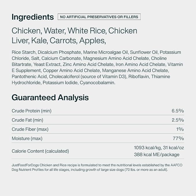 JustFoodForDogs Pantry Fresh Wet Dog Food, Complete Meal or Topper, Chicken & White Rice Human Grade Recipe - 12.5 oz (Pack of 6) | Fresh Pet Meal or Fresh Dog Food Topper, Human Grade Recipe Made With Whole Foods, Preservative-Free, 12.5 Oz Per Pack