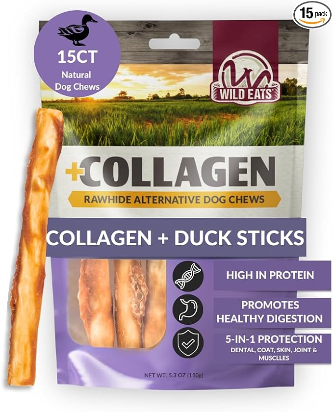 Wild Eats Real Duck Collagen Retriever Bully Sticks for Dogs, 15 Count Pack | Rawhide and grain free no hide chew treats, low fat and high protein recipe, long lasting, satisfies natural gnawing urges