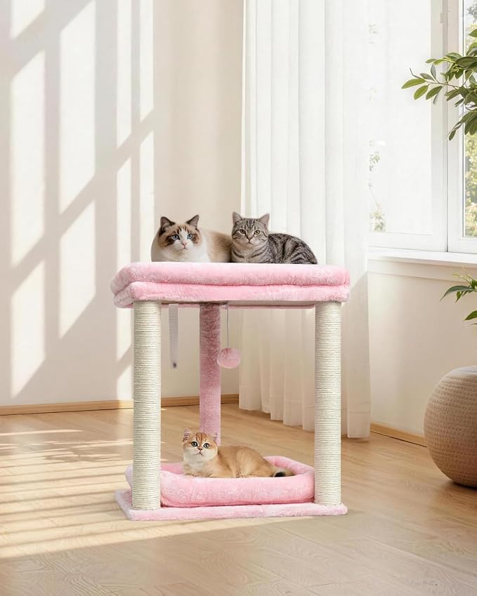 SYANDLVY Small Cat Tree for Indoor Cats with 2 Levels Perch Platforms | Natural Sisal Scratching Post Tower with Hanging Bell Ball & Anti-Tip Strap, Stable Cat Perch Furniture for Kittens, Pink