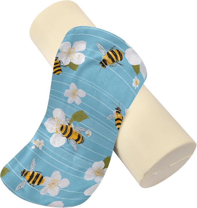 Blue Sakura and Bees Neck Roll Pillow Bolster Round Health Memory Foam Long Cervical Cylinder Pillows with Removable Washable Cover for Body Bed Legs Back Yoga
