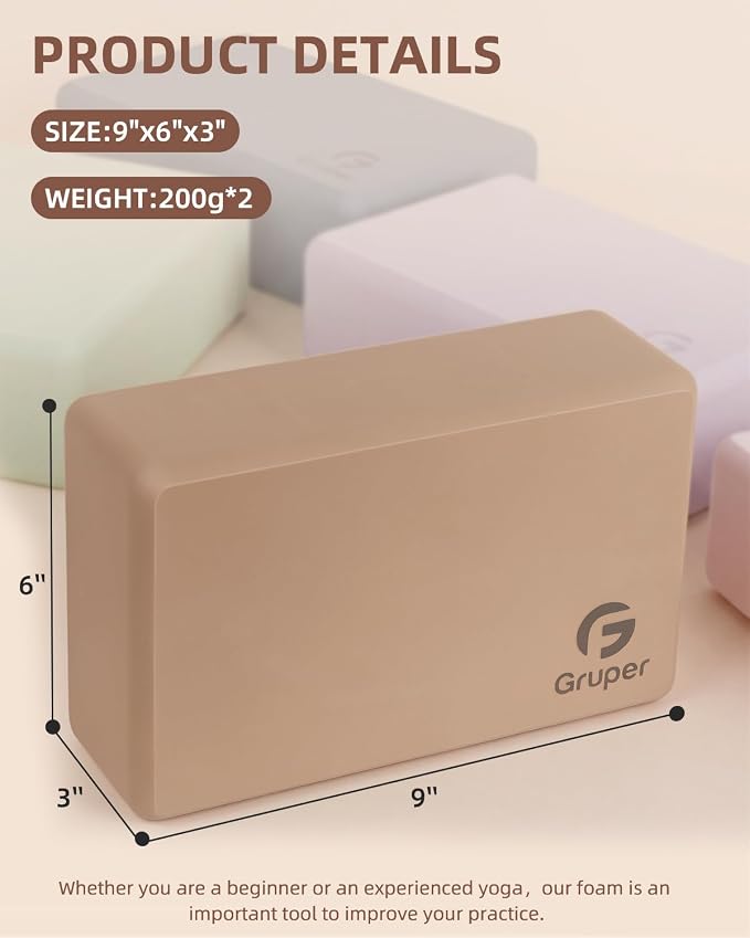 Gruper Yoga Blocks 2 Pack, 9"x6"x3" Exercise Blocks High-Density EVA Foam Blocks with Soft Non-Slip Surface, Lightweight Yoga Props for Yoga Pilates Meditation & Stretching