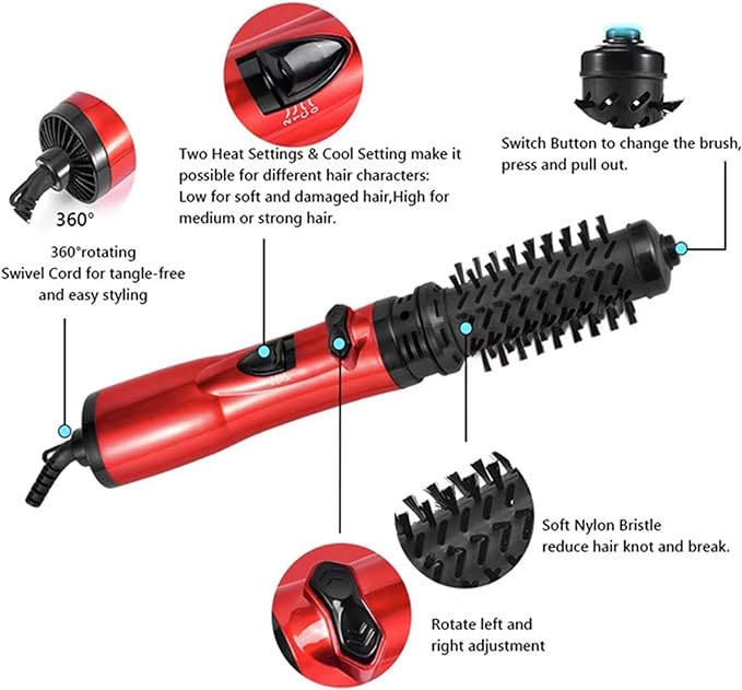 3-in-1 Hot Air Styler and Rotating Hair Dryer, Hair Dryer and Blow Dryer Brush in One, 2 Interchangeable Brushes for Dry and Wet Hair, Auto-Rotating Curling Hot Hair Brush (Gold)