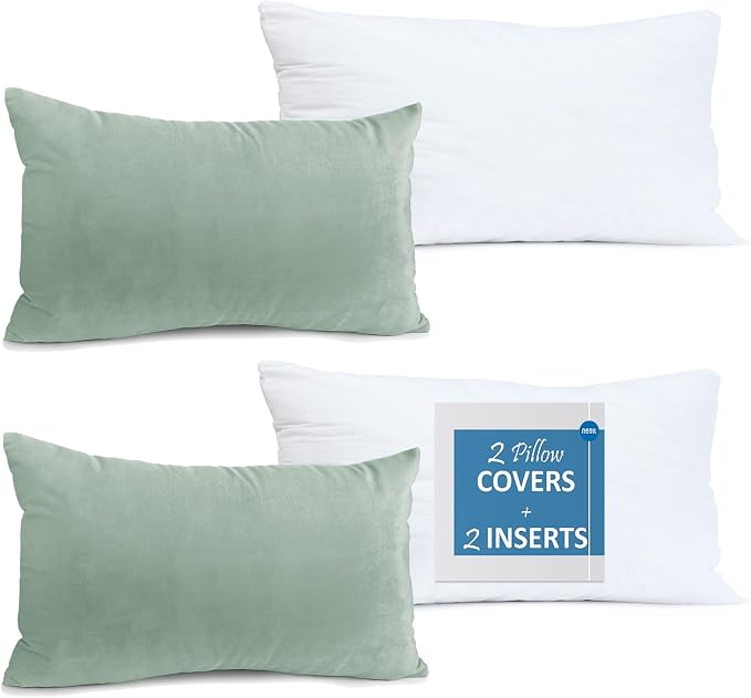 Nestl Throw Pillow Inserts Pack of 2 with Velvet Soft Solid Decorative Square Throw Pillow Covers Set for Sofa Couch Car Bedroom, 12X20 Throw Pillows Inserts with 12x18 Washable Cushion Covers, Mint