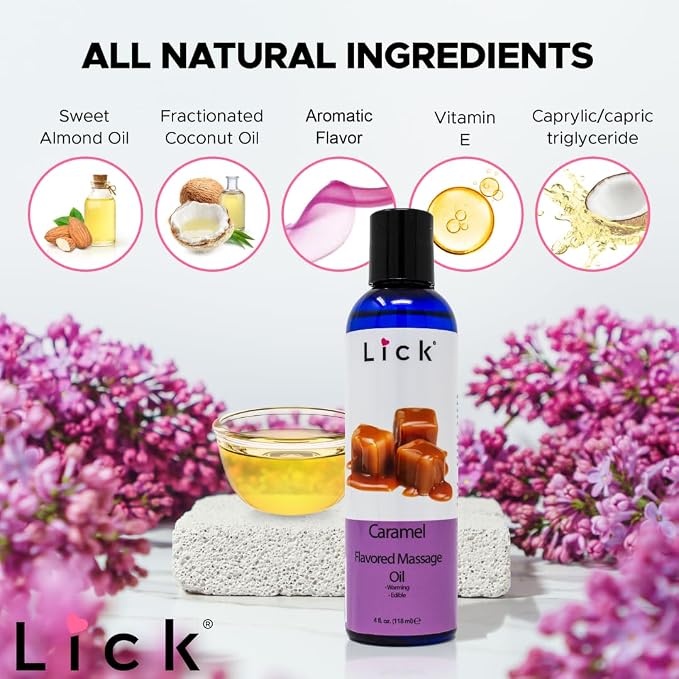 Lick Caramel Flavored Massage Oil – Warm Dessert Edible Massage Oil with Vitamin E, Smooth Body-Safe Texture for Intimate Couples Massage & Relaxation, 4 oz