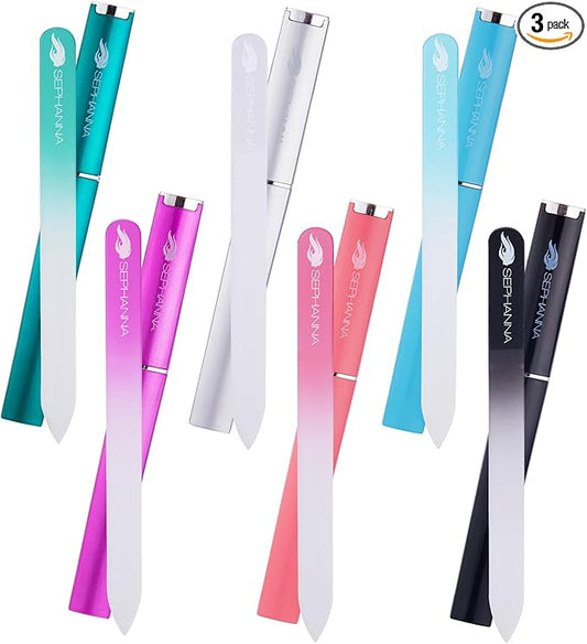 Premium Crystal Glass Nail File, Glass Nail Files with case for Unisex, Portable Glass Nail File Double Sided for Natural & Acrylic Nail Care (Black, Blue, Pink, Purple, Clear & Sea Green)