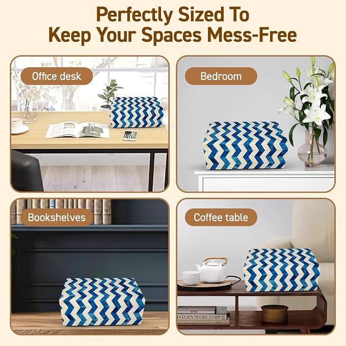 Perilla Home ﻿Home Decor Decorative Storage Wooden Box Small Wooden Organizer Tool Stash Card Craft Trinket Memory Keepsake Jewelry Box for Men and Women, Chevron, Gifts For All, Blue and Off White