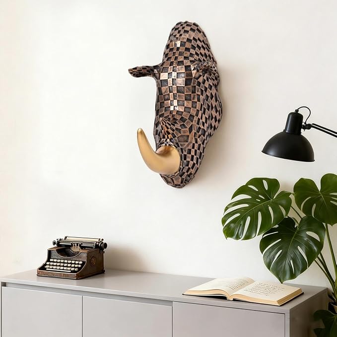 GIGICICI 9.2x4.7-Inch Vintage Mosaic Rhino Head Wall Sculpture Art Mount Statue for Room Bedroom Office Living Decor(Brown)
