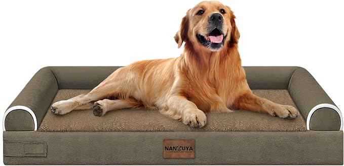 Orthopedic Dog Bed for X-Large Dogs, 40 x 32 Inch, Brown | Egg crate foam for joint support, 3-sided bolster pet sofa, waterproof lining, washable cover, and non-skid base