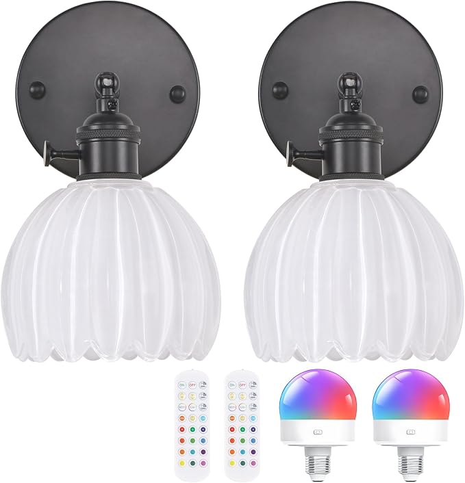 Shenmoyl Vintage Battery Operated Wall Sconce with White Tulip Glass Lampshade Rechargeable Battery Powered Black Wall Light with Remote Control for Bedside Bedroom Doorway, Set of 2