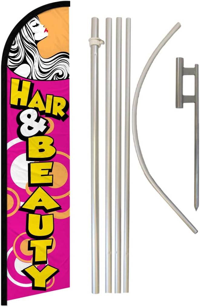 Hair & Beauty Windless Banner Advertising Flag & Pole Kit - Perfect for Spas, Massage Therapists, Salons, Barber Shops