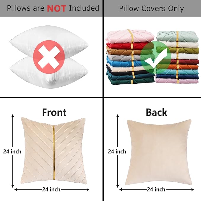 Velvet Throw Pillow Covers 24x24 inch Pack of 2 Gold Decor Cream | Soft Solid Pillow Covers,Modern Luxury Home Decor,for Couch Chair Sofa Bedroom Livingroom,Hidden Zipper,Ideal Gift,Easy Care