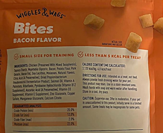 Wiggles & Wags Bites Bacon Flavor Training Dog Treats. with a Bone Shaped Waste Bag Dispenser & Roll Colors Vary. 1-4 OZ Bag.