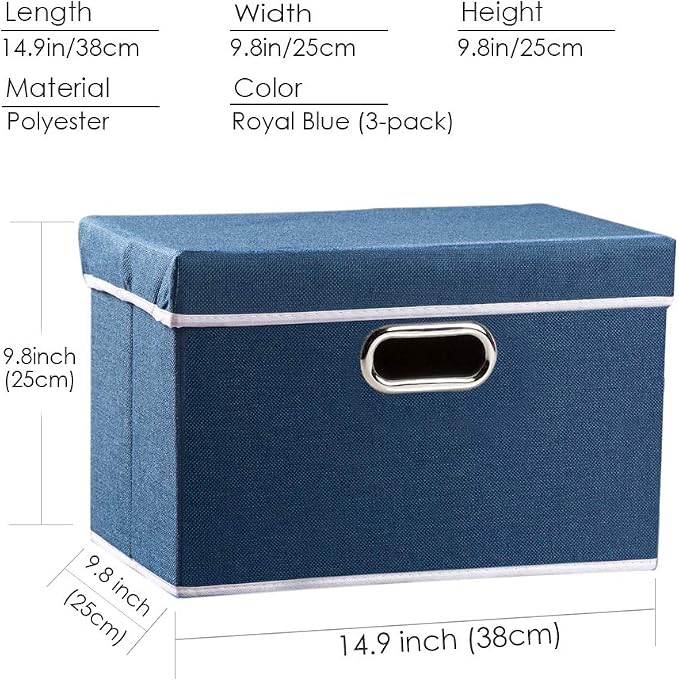 Collapsible Storage Bin with Lid [3-Pack] Fabric Foldable Storage Box Organizer Container Basket Cube with Cover for Home Bedroom Closet Office Nursery Royal Blue(14.9x9.8x9.8)