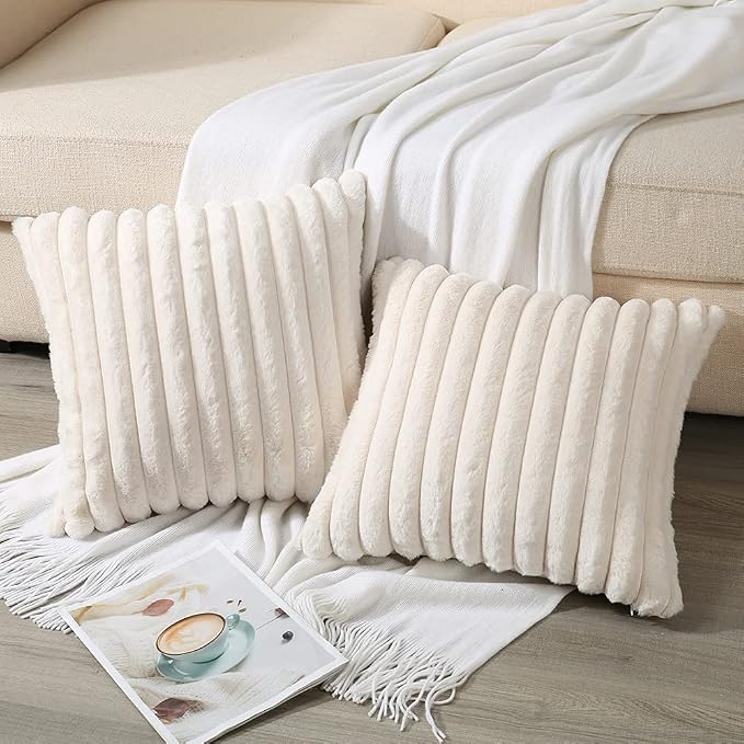 Soleebee Set of 2 Throw Pillow Covers Soft Cozy Velvet Pillowcase Faux Rabbit Fur Cover for Couch Sofa Bed Chair Home Decorative Pillows Cover (20x20 Inch, Beige White)