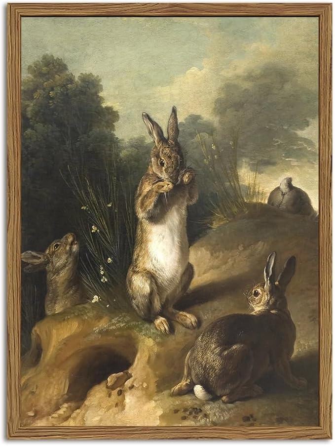 Vintage Easter Rabbit Wall Art, Rustic Bunny Wall Decor Painting Cottagecore Animal Poster Canvas Prints Picture for Living Room Farmhouse Bedroom 12x16 inch Wood Framed