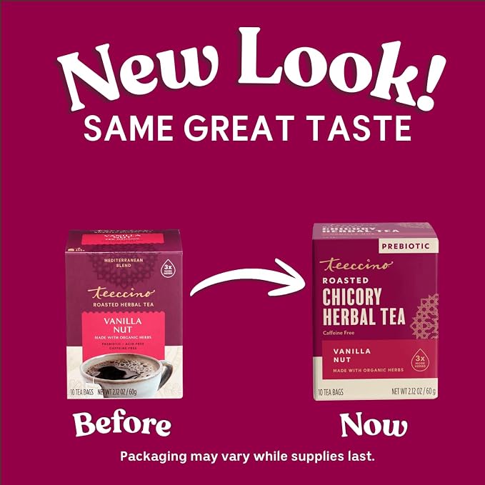 Teeccino Vanilla Nut Herbal Tea - Rich & Roasted Herbal Tea That’s Caffeine Free & Prebiotic for Natural Energy, 10 Tea Bags (Pack of 6)