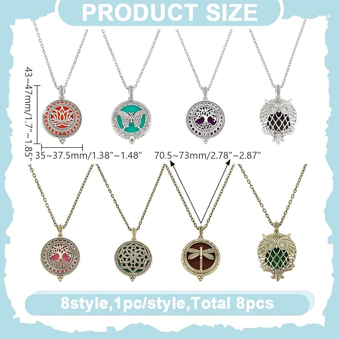 arricraft 8 Pcs Essential Oil Diffuser Pendants, Alloy Aromatherapy Charms Necklace Bulk Blend Perfume Diffuser Necklace Set for Women Jewelry Accessories