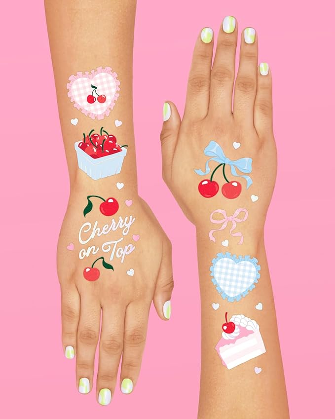 xo, Fetti Cherry Temporary Tattoos - 50 Iridescent Foil Pcs | Ma Cherie Baby Shower, Cherry on Top Bachelorette Decorations, Birthday Decor, Kids Picnic Tablescape