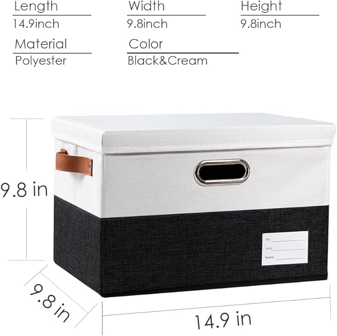 Foldable Storage Bins with Lids [3-Pack] Fabric Collapsible Storage Boxes Baskets Cubes Containers with Handles for Closet Living Room Bedroom (Black & White 14.9x9.8x9.8'')